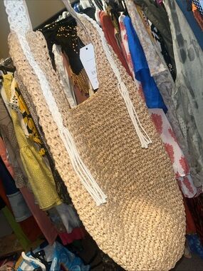 Woven Straw Tote Bag with Cream Trim